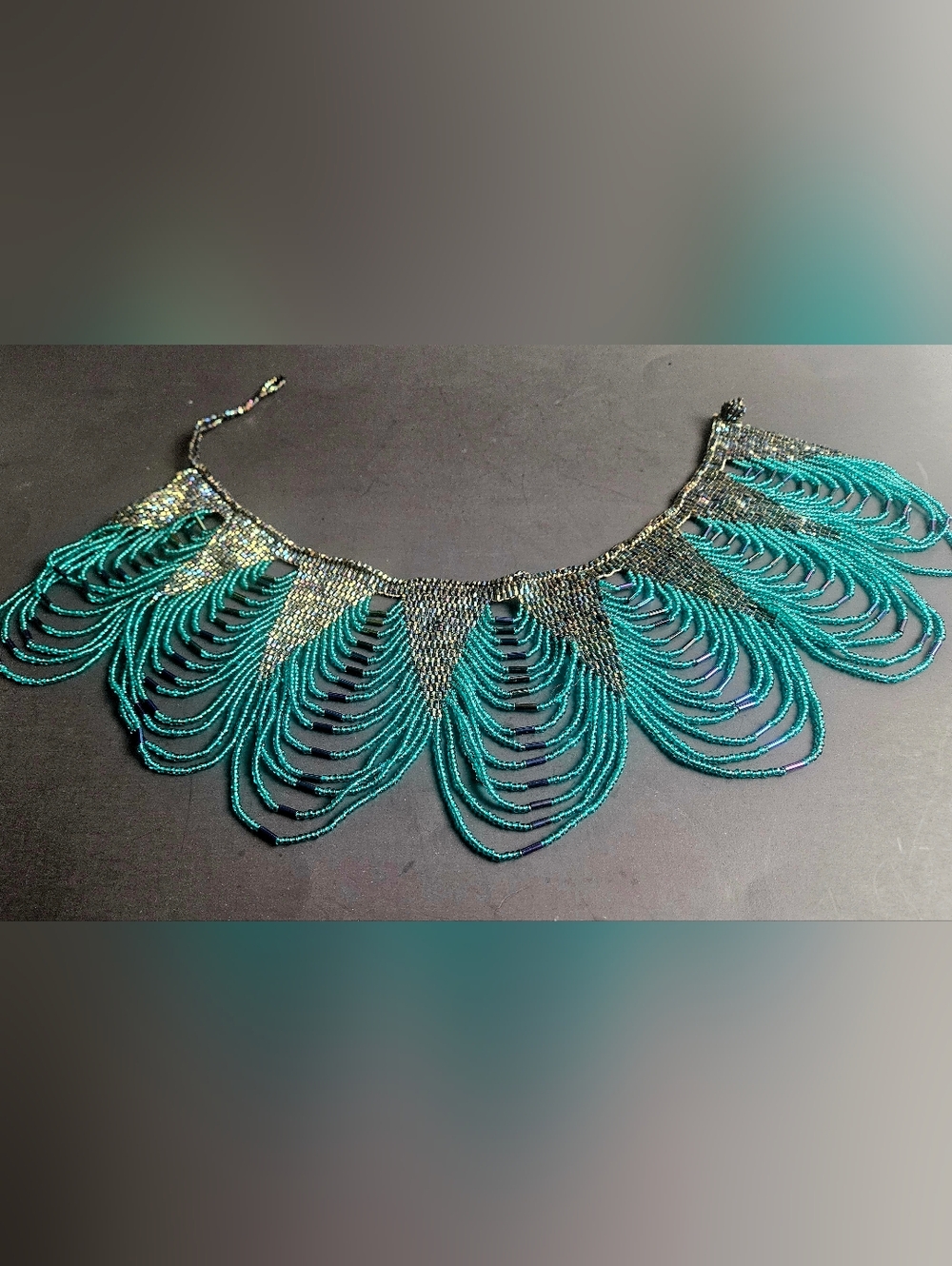 Vintage Iridescent Teal Beaded Fringe Necklace Statement Bib Collar Jewelry